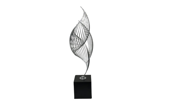 Medium silver Ribbon Table Décor on a black base, showcasing a contemporary sculptural twist ideal for console or shelf styling.
