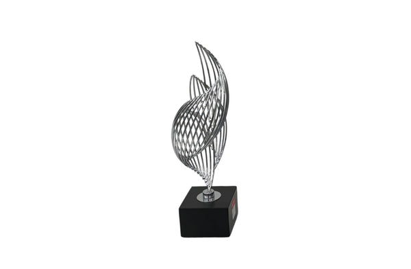 Small silver Ribbon Table Décor with a black square base, featuring a sleek, twisted design – perfect for compact modern spaces.