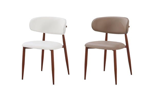 Tan and white vegan leather dining chairs with walnut legs showcasing modern elegant style