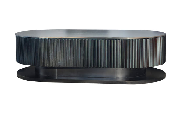 Sleek black oval coffee table with fluted base and marble top for contemporary elegance