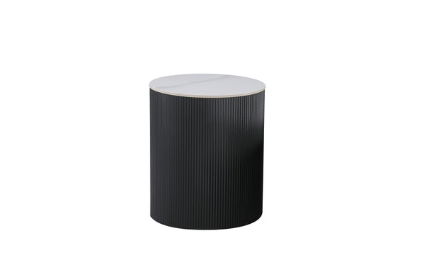 Compact black fluted side table with marble top perfect for modern seating areas