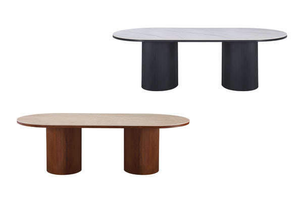 Black marble and walnut travertine Ripple oval dining tables displayed together showcasing modern luxury finishes