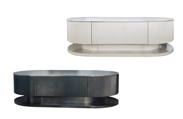 Black and white Ripple oval coffee tables displayed together showcasing elegant modern marble finishes