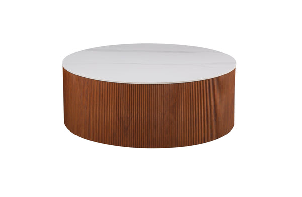 Round walnut fluted coffee table with white marble top blending warmth and modern luxury