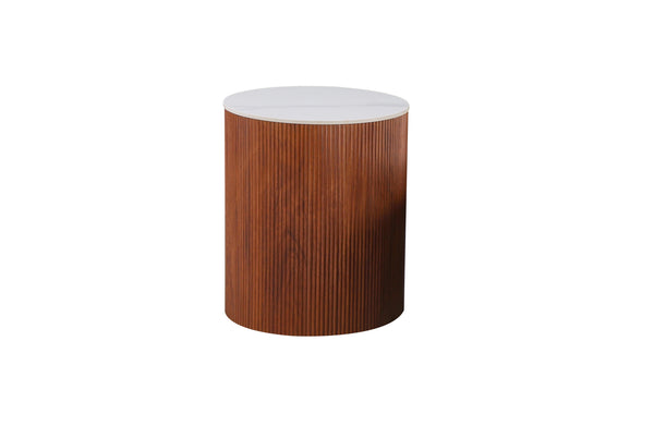 Compact walnut fluted side table with marble top perfect for stylish modern living spaces