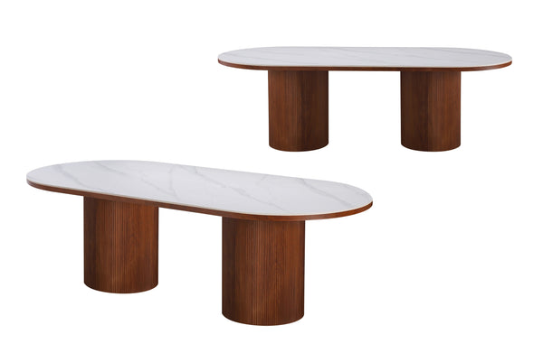 White marble oval dining table with walnut fluted base blending warmth and modern sophistication