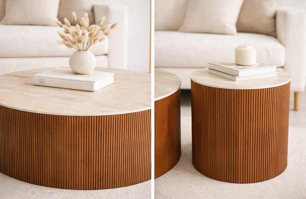 Travertine stone surface and walnut ribbed base detail showcasing premium natural materials