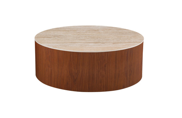 Warm walnut round coffee table with travertine stone top offering natural organic elegance