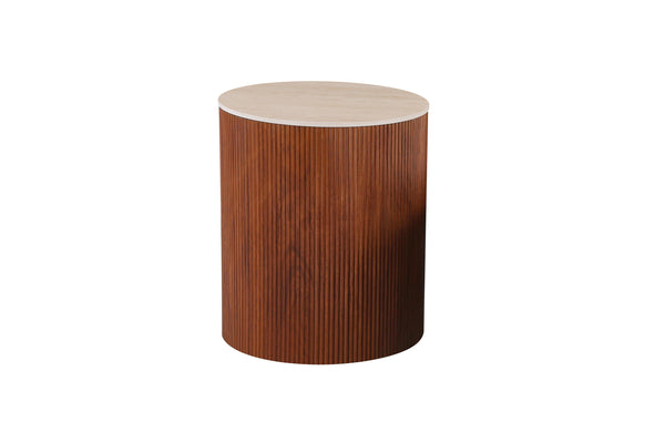 Walnut fluted side table with travertine top adding stylish functional accent to living spaces