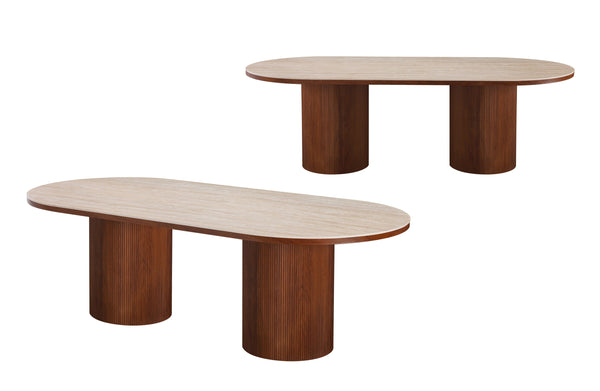 Travertine stone oval dining table with walnut base offering natural texture and timeless elegance