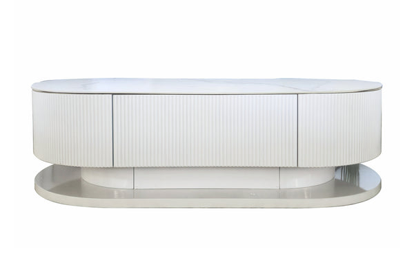 Elegant white marble oval coffee table with fluted base offering refined modern living style