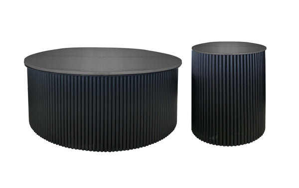 Black ripple coffee table and side table pair with ribbed base and dark top