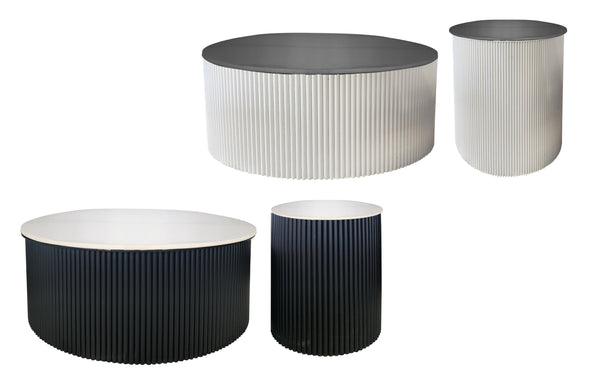 Ripple coffee and side table set in black and white marble tops with ribbed base