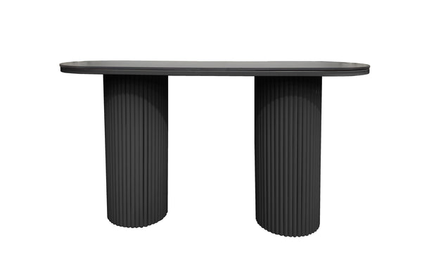 Ripple console table with black marble top and black fluted legs.