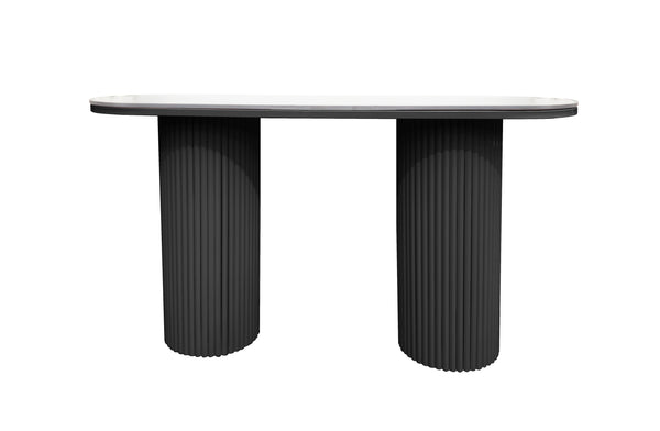 Ripple console table with white marble top and black fluted legs.