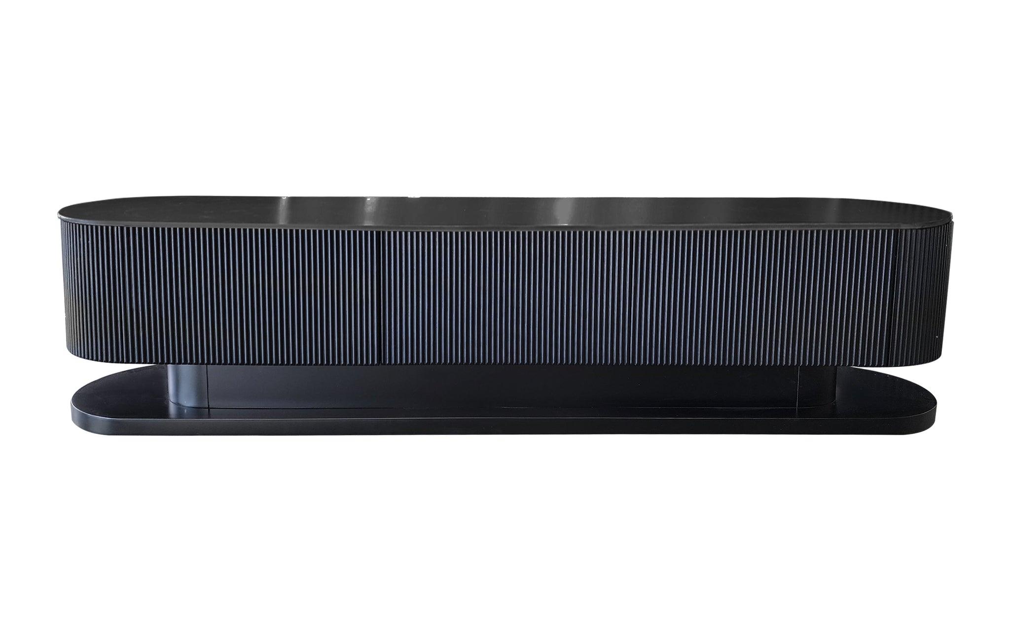 Modern matte black TV unit with ripple textured design and stone top