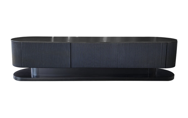 Modern matte black TV unit with ripple textured design and stone top