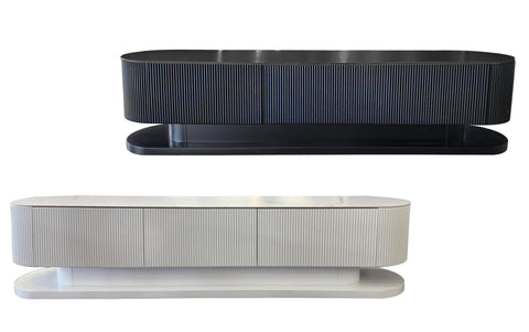 Ripple TV units in matte black and matte white with stone tops