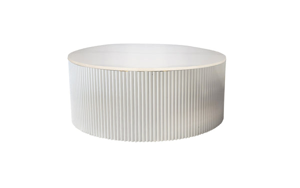 Ripple white round coffee table with ribbed frame and marble top