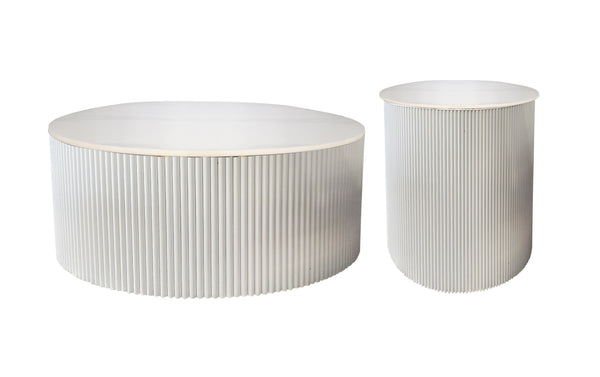 Ripple coffee and side table with white ribbed base and white marble top