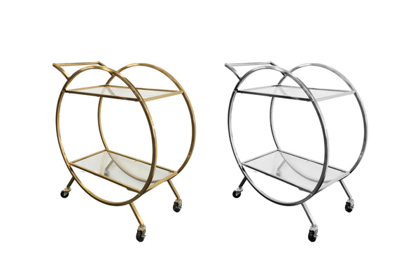 Roman bar trolleys in shiny gold and silver with glass shelves.