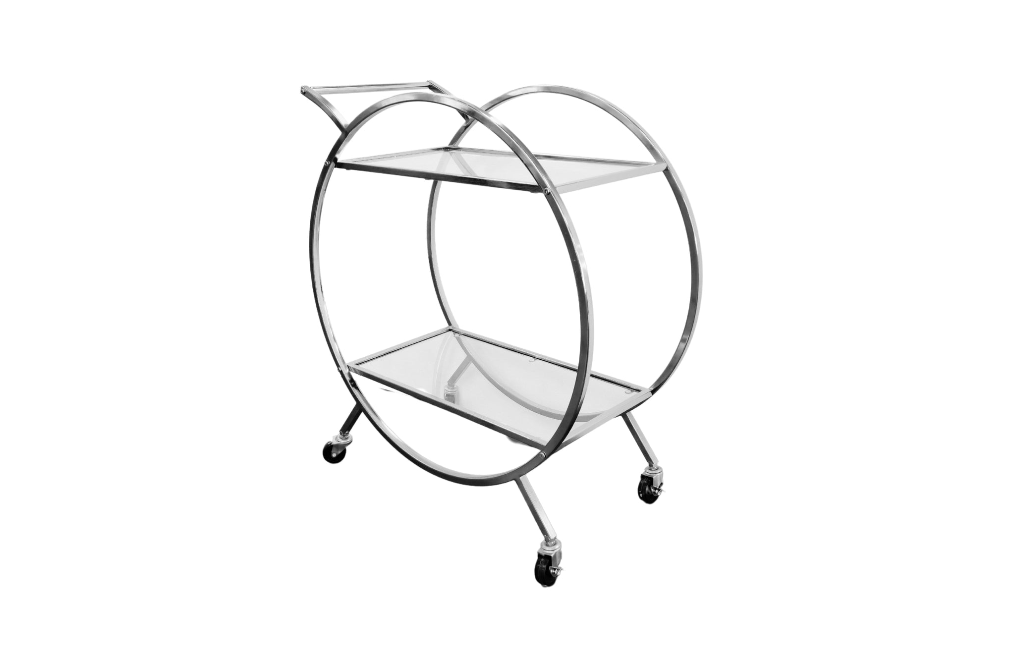 Elegant silver bar cart with wheels and modern glass shelving.