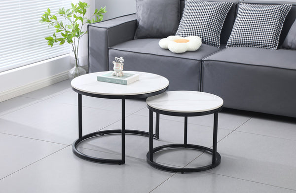 Romana nesting coffee tables in black frame with white marble tops, compact stylish arrangement.