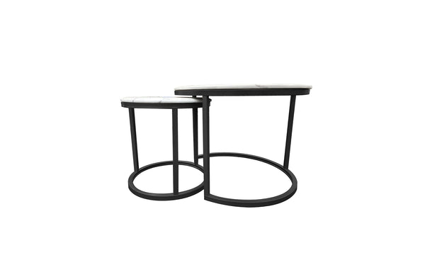 Romana nesting coffee table set with black metal frame and marble stone tops, product view.