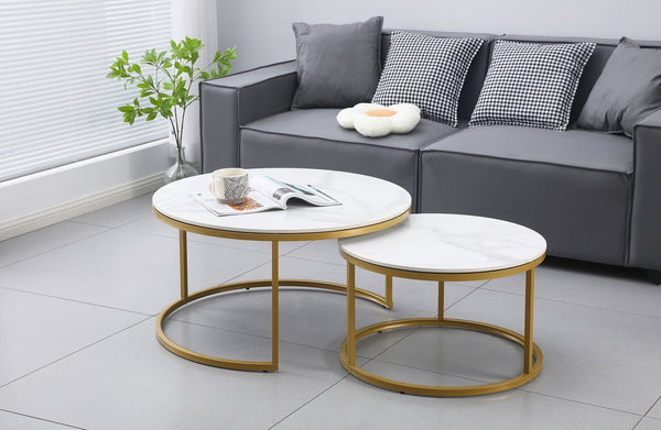 Romana nesting coffee tables with gold frames and marble tops styled in a grey lounge room.