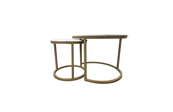 Romana nesting coffee table set in polished gold frame with marble finish tops, product view.