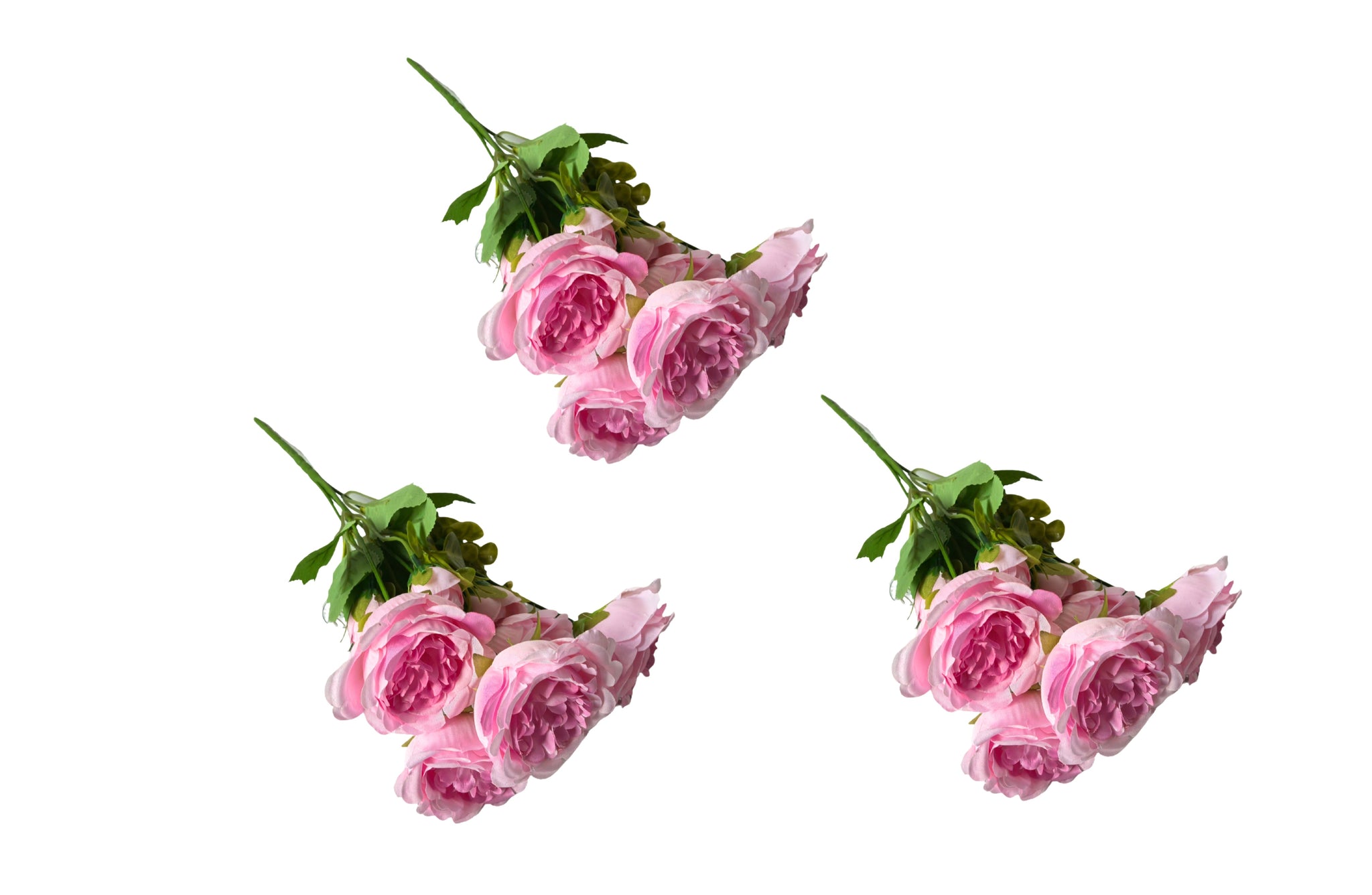 Set of three pink artificial rose bunches, each with four realistic blooms and green leaves.