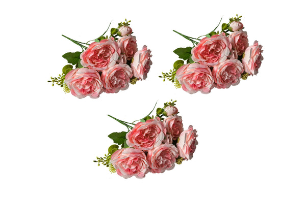 Set of three coral artificial rose bunches, each with four lifelike blooms and greenery.