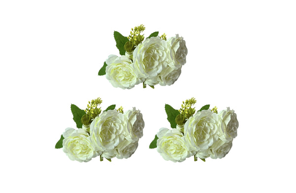 Set of three white artificial rose bunches, each with four elegant blooms and foliage.