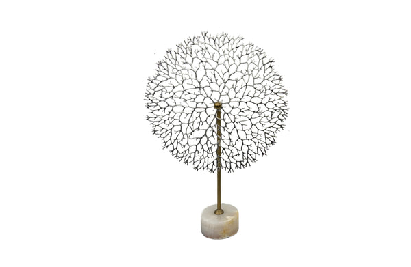 Sleek large silver flower stem décor on polished marble base.