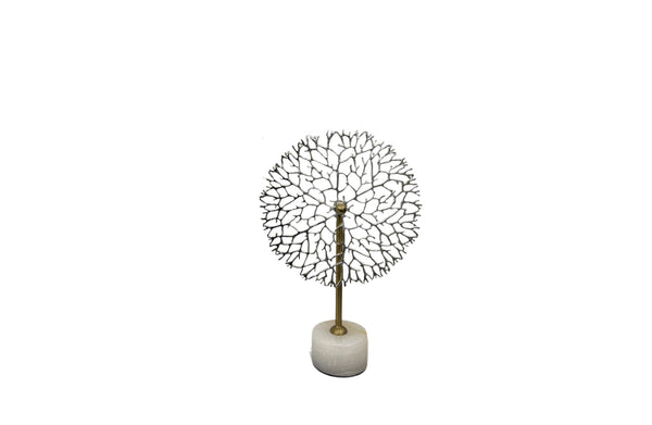 Stylish small silver flower stem décor with detailed metallic branches on marble stand.