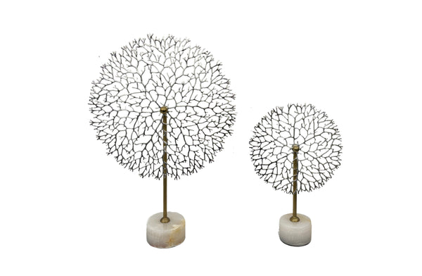Sophisticated silver round flower stem table décor with marble bases in large and small sizes.