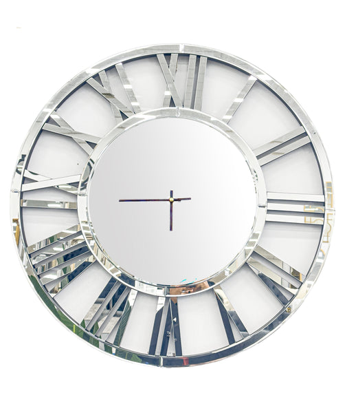 Stunning silver mirrored wall clock with reflective Roman numerals, decorative statement timepiece.