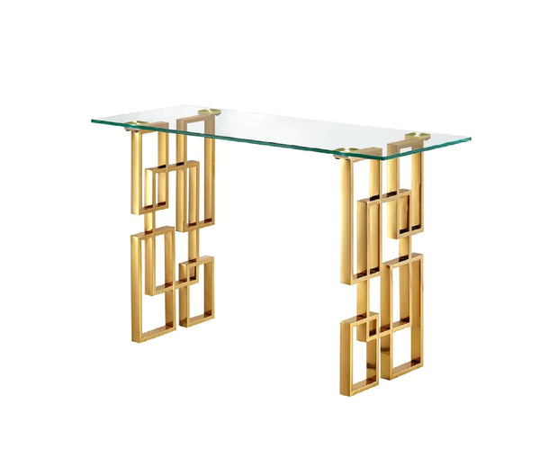 Royale console table with gold frame and clear tempered glass top.