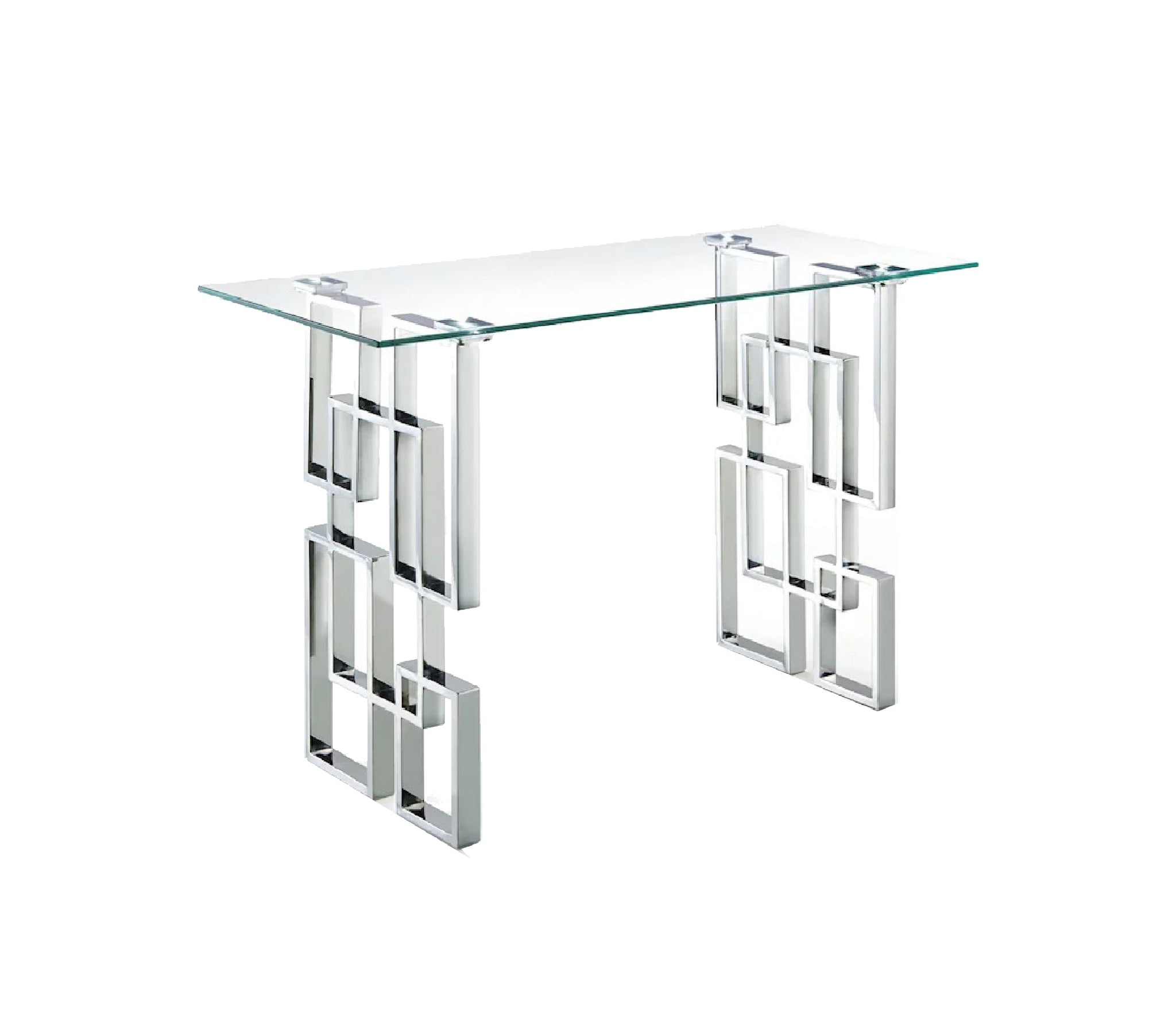 Royale console table with silver frame and clear tempered glass top.