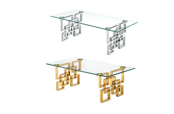 Royale rectangular coffee tables in polished gold and silver frames with tempered clear glass tops.