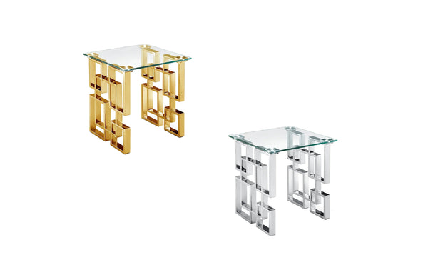 Royale side tables in elegant gold and silver metal frames with clear glass tops.