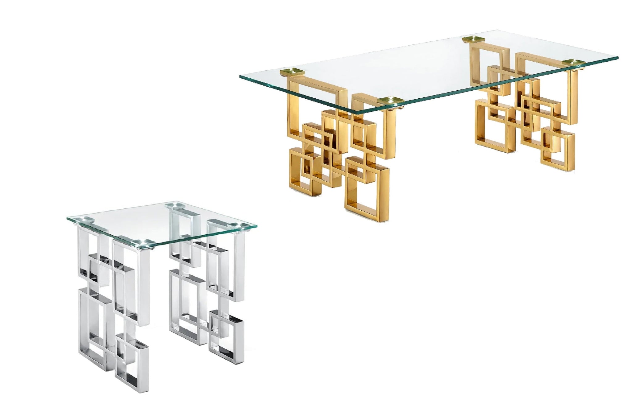 Royale coffee and side tables in gold and silver frames with clear glass tops.