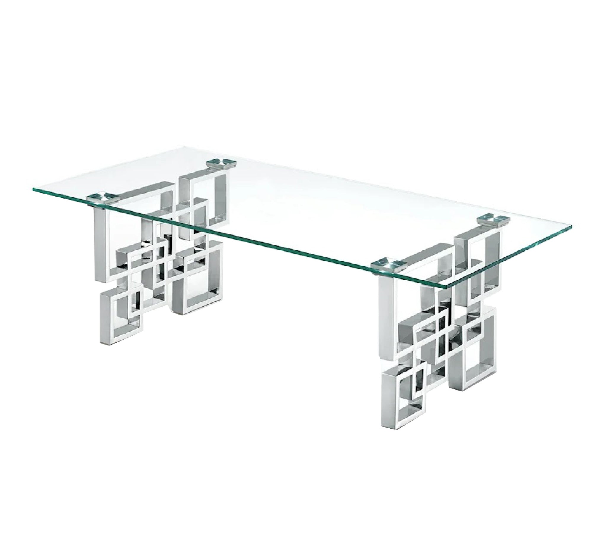 Royale coffee table in polished silver metal frame with clear tempered glass top, contemporary style.