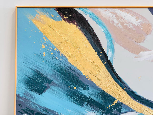 Close-up of Sage canvas wall art showing bold brushstrokes and shimmering gold foil texture.