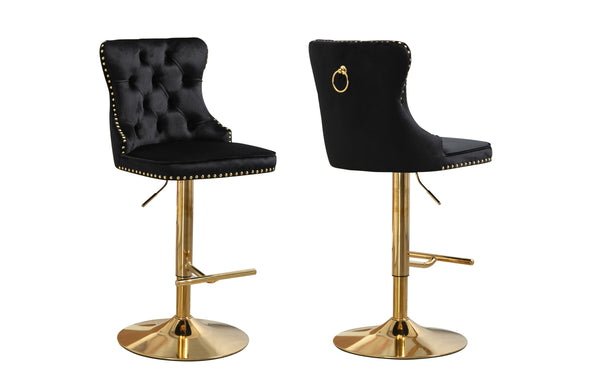 Black velvet Sahara tufted bar stool with gold stand, swivel base and ring handle