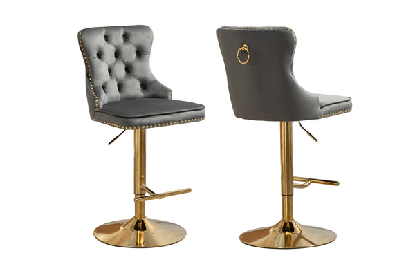 Grey velvet Sahara tufted bar stool with gold stand, adjustable swivel base and ring handle