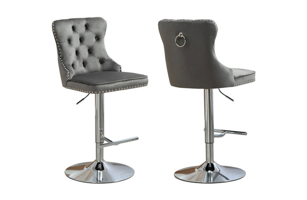 Grey velvet Sahara tufted bar stool with silver stand, swivel adjustable height and stud trim