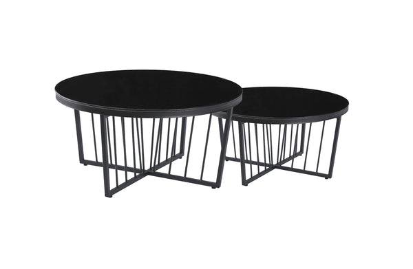 Serena coffee table in black frame with bold black glass top, stylish modern design.