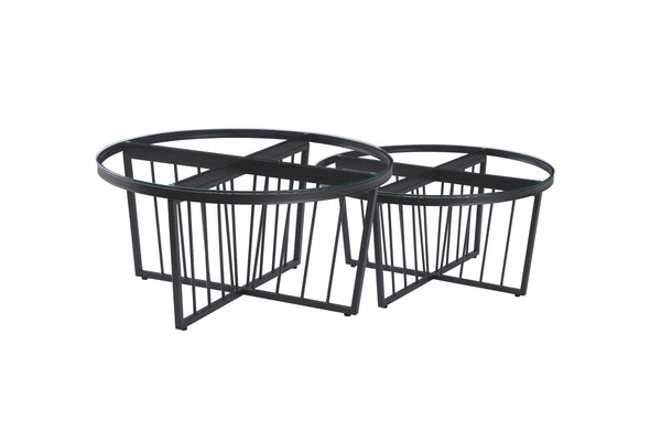 Serena coffee table in matte black frame with clear tempered glass top, sleek sophistication.