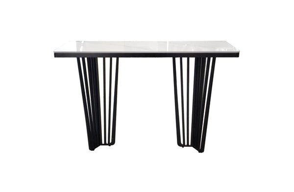 Serena console table with black metal frame and white marble top.